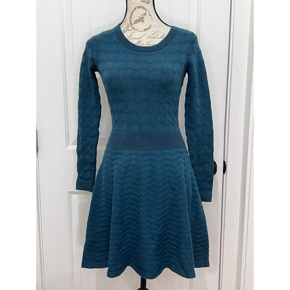 Sandro PARIS Ricarda Chevron Textured Knit Long Sleeve Dress Teal sz S Stretch - Picture 1 of 12